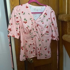 Cherries Pattern Short Puff Sleeves V-Neck Button Placket Blouse